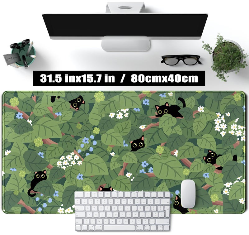 TENG DA QING Kawaii Anime Aesthetic Black Cat Forest Plant Desk Mat, Green Sage XXL Large Extended Mouse Pad Gaming Cute Cats Desk pad, Laptop Keyboard and Mouse Mat for Women Desktop Office Decor 31.5x15.7 in - Image 2