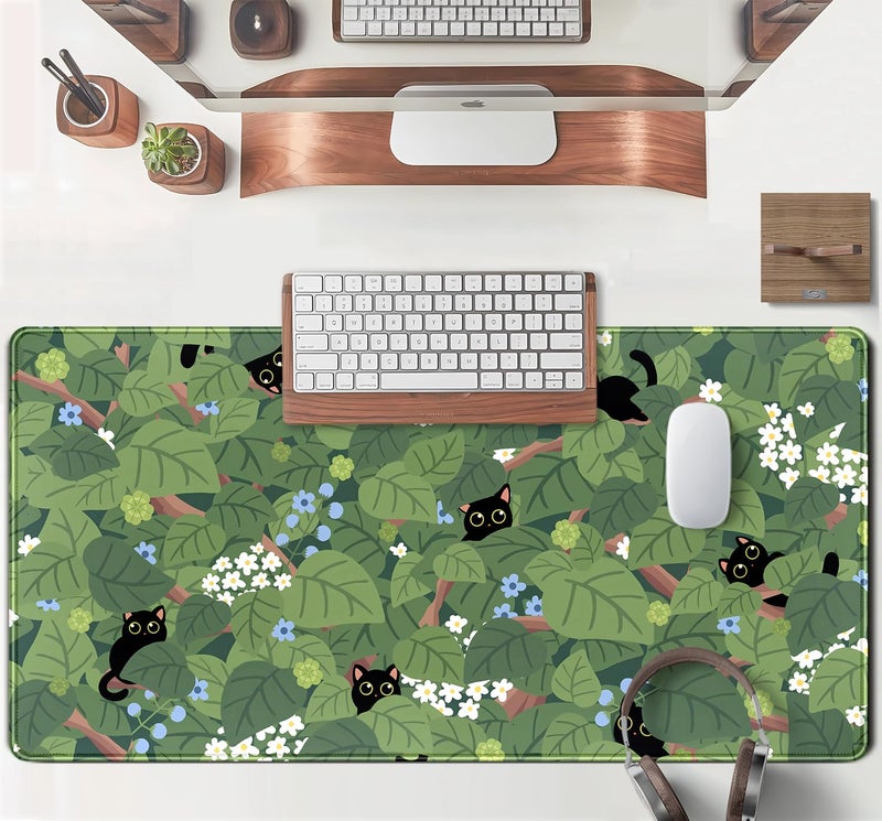 TENG DA QING Kawaii Anime Aesthetic Black Cat Forest Plant Desk Mat, Green Sage XXL Large Extended Mouse Pad Gaming Cute Cats Desk pad, Laptop Keyboard and Mouse Mat for Women Desktop Office Decor 31.5x15.7 in - Image 4
