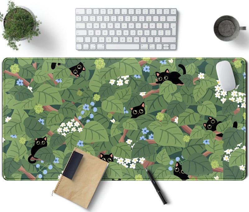 TENG DA QING Kawaii Anime Aesthetic Black Cat Forest Plant Desk Mat, Green Sage XXL Large Extended Mouse Pad Gaming Cute Cats Desk pad, Laptop Keyboard and Mouse Mat for Women Desktop Office Decor 31.5x15.7 in - Image 1