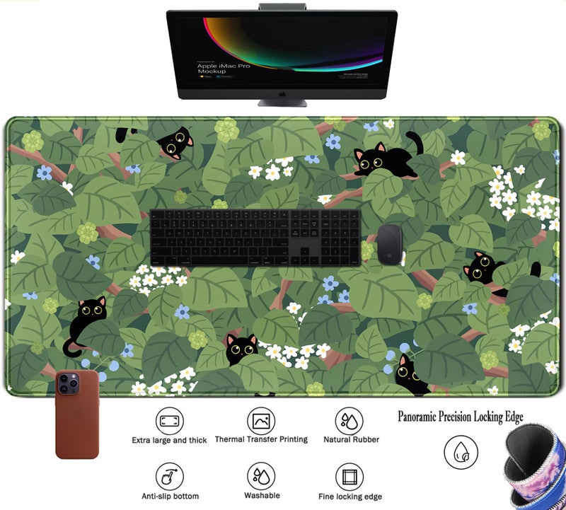 TENG DA QING Kawaii Anime Aesthetic Black Cat Forest Plant Desk Mat, Green Sage XXL Large Extended Mouse Pad Gaming Cute Cats Desk pad, Laptop Keyboard and Mouse Mat for Women Desktop Office Decor 31.5x15.7 in - Image 3