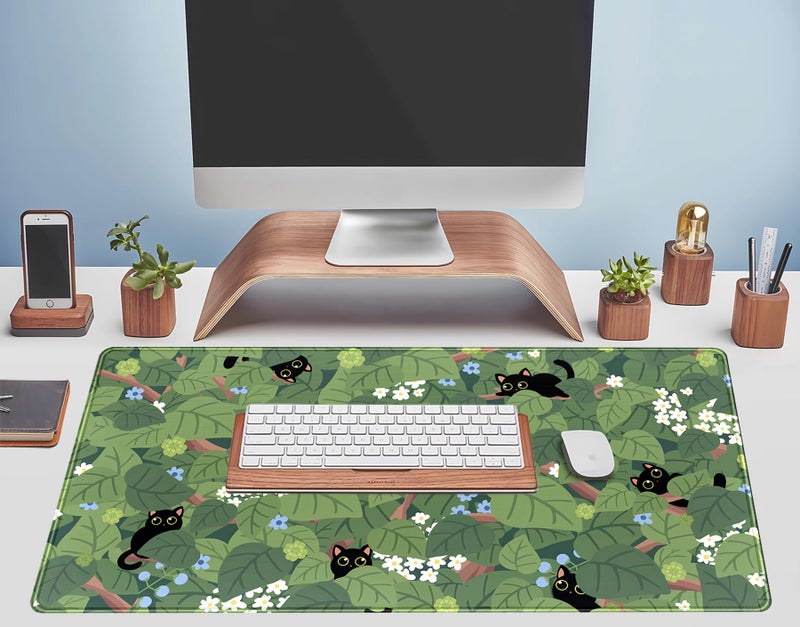 TENG DA QING Kawaii Anime Aesthetic Black Cat Forest Plant Desk Mat, Green Sage XXL Large Extended Mouse Pad Gaming Cute Cats Desk pad, Laptop Keyboard and Mouse Mat for Women Desktop Office Decor 31.5x15.7 in - Image 5