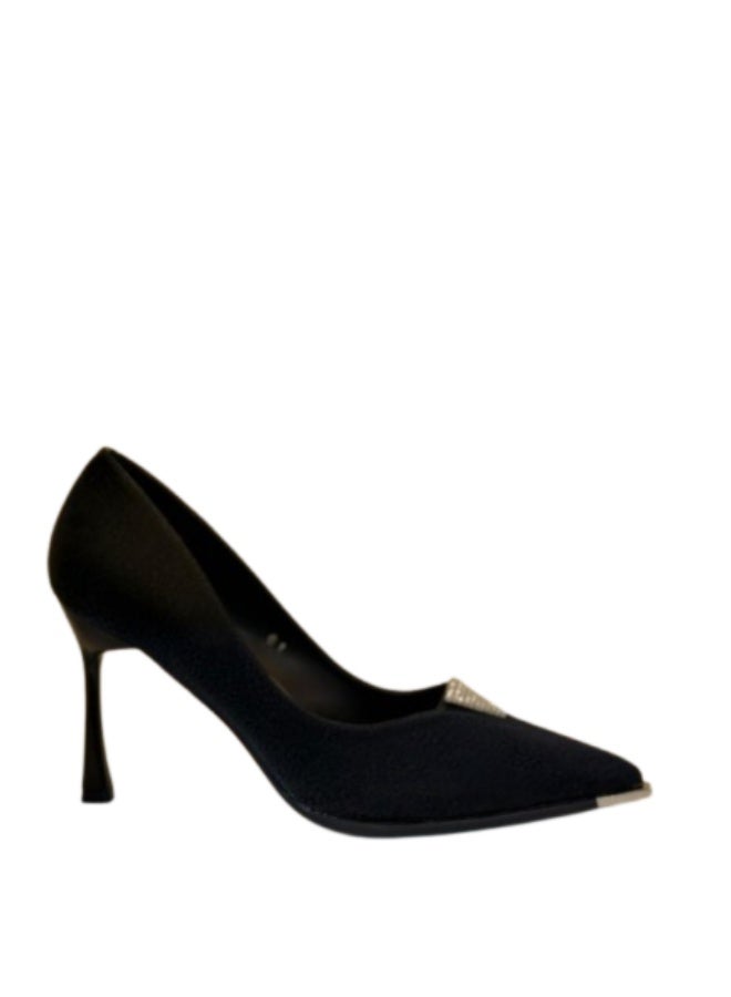 Shoe star حذاء نسائي أسود بكعب متوسط مدبب مزين بالماس من شو ستار - Image 2