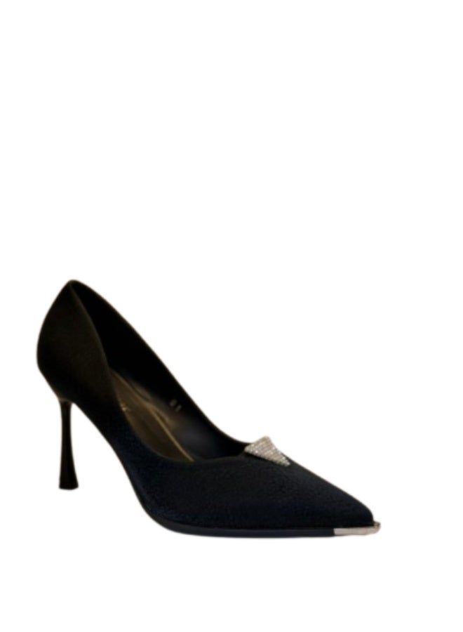 Shoe star حذاء نسائي أسود بكعب متوسط مدبب مزين بالماس من شو ستار - Image 1
