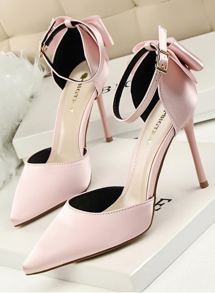 بيج تري Women's Closed Pointed Toe 10 CM High Heels with Bow Knot Ankle Strap Satin Stiletto Pumps Pink - Image 1