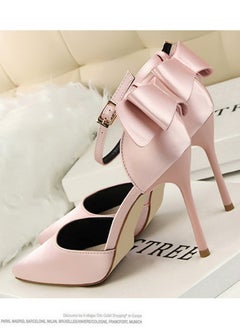 BIGTREE Women's Closed Pointed Toe 10 CM High Heels with Bow Knot Ankle Strap Satin Stiletto Pumps Pink  - Image 2