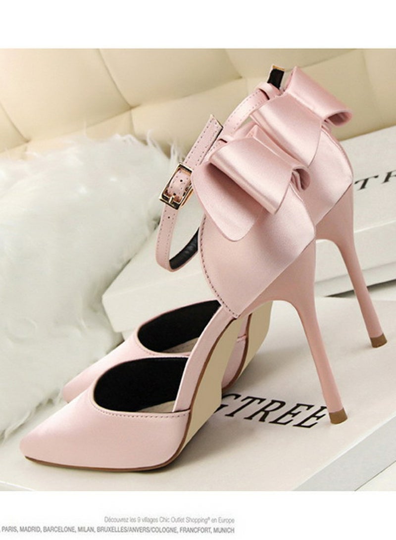 بيج تري Women's Closed Pointed Toe 10 CM High Heels with Bow Knot Ankle Strap Satin Stiletto Pumps Pink - Image 2