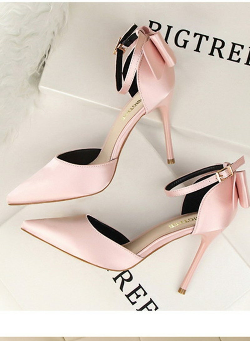 بيج تري Women's Closed Pointed Toe 10 CM High Heels with Bow Knot Ankle Strap Satin Stiletto Pumps Pink - Image 3