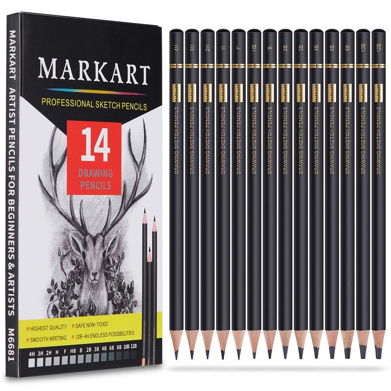MARKART Professional Drawing Sketching Pencil Set - 14 Pieces,Graphite,(12B - 4H), Ideal for Drawing Art, Sketching, Shading, Artist Pencils for Beginners & Pro Artists - Image 1