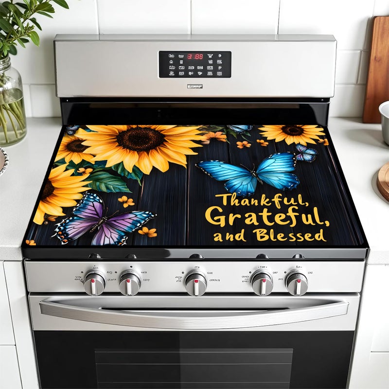 AOHMPT Multi-Design Stove Top Cover for Glass/Electric Stoves - 3-in-1 Heat-Resistant Protector Mat, Non-Slip Drying Rack 28"x20" (Sunflower-Butterfly, 28" L x 20" W) - Image 1