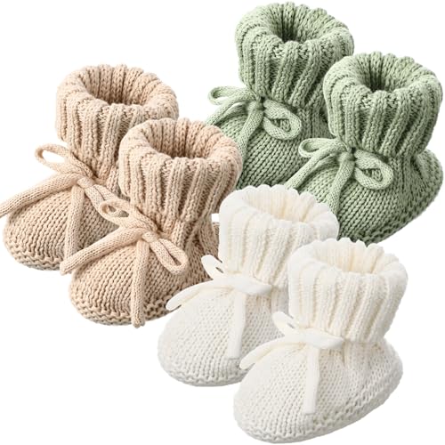Evervibe 3 Pairs Knitted Baby Booties 0-6 Months Newborn Baby Shoes First Walkers Cozy Shoes for Infant Girl Boy(White, Green, Light Camel,Classic) - Image 1