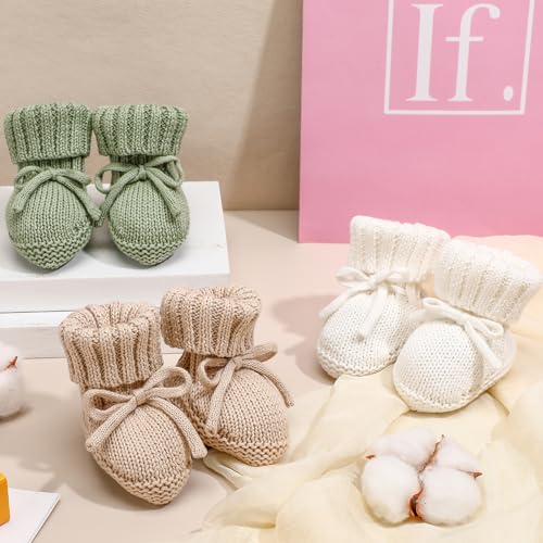 Evervibe 3 Pairs Knitted Baby Booties 0-6 Months Newborn Baby Shoes First Walkers Cozy Shoes for Infant Girl Boy(White, Green, Light Camel,Classic) - Image 5