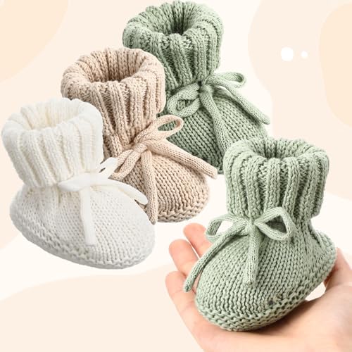 Evervibe 3 Pairs Knitted Baby Booties 0-6 Months Newborn Baby Shoes First Walkers Cozy Shoes for Infant Girl Boy(White, Green, Light Camel,Classic) - Image 3