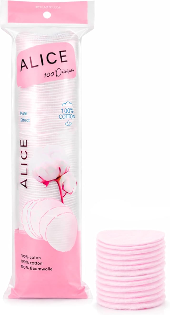 Alice - Makeup Remover Cotton Pads, Soft & Durable For Daily Clean, Set Of 100 Pieces, 100% Pure Natural Cotton (Pink)