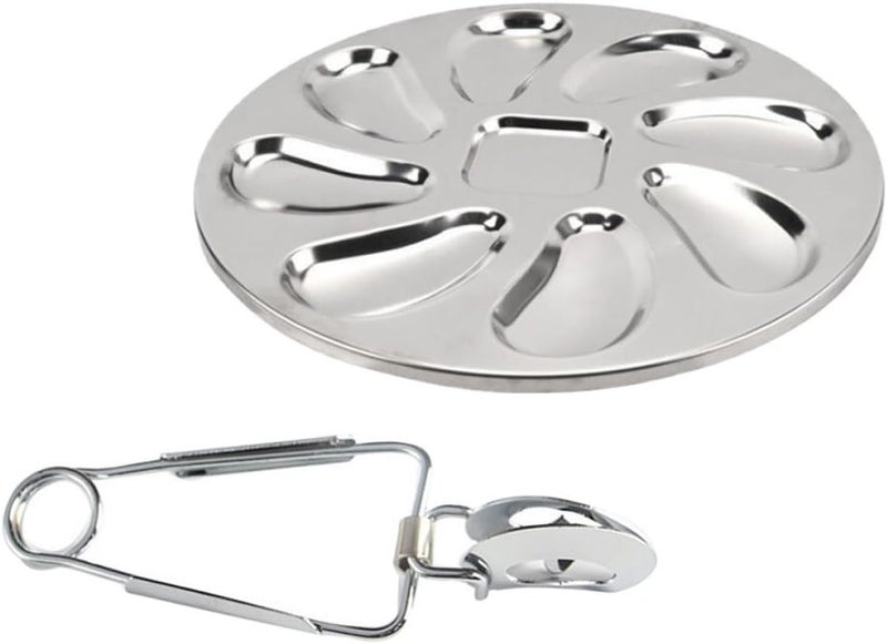 Stainless Steel Oyster Plate and Escargot Tongs Set, Seafood Serving Dinnerware Slots, Restaurant Grade Platter for Home and Restaurant Use - Image 1