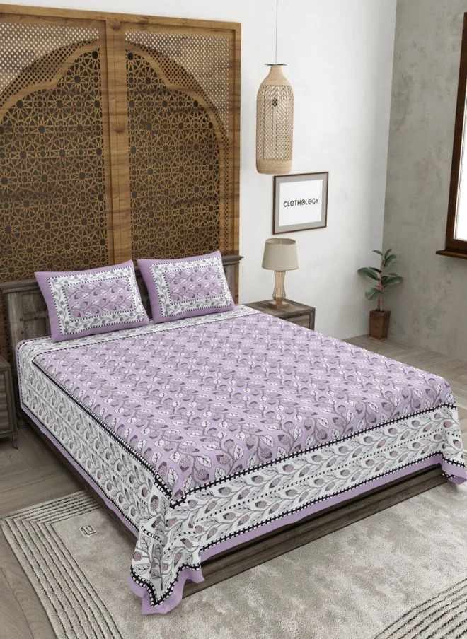 CLOTHOLOGY CLOTHOLOGY Lavender & White Printed Pure Cotton 180 TC King Bedsheet Set