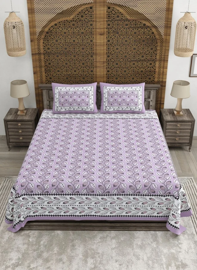CLOTHOLOGY CLOTHOLOGY Lavender & White Printed Pure Cotton 180 TC King Bedsheet Set