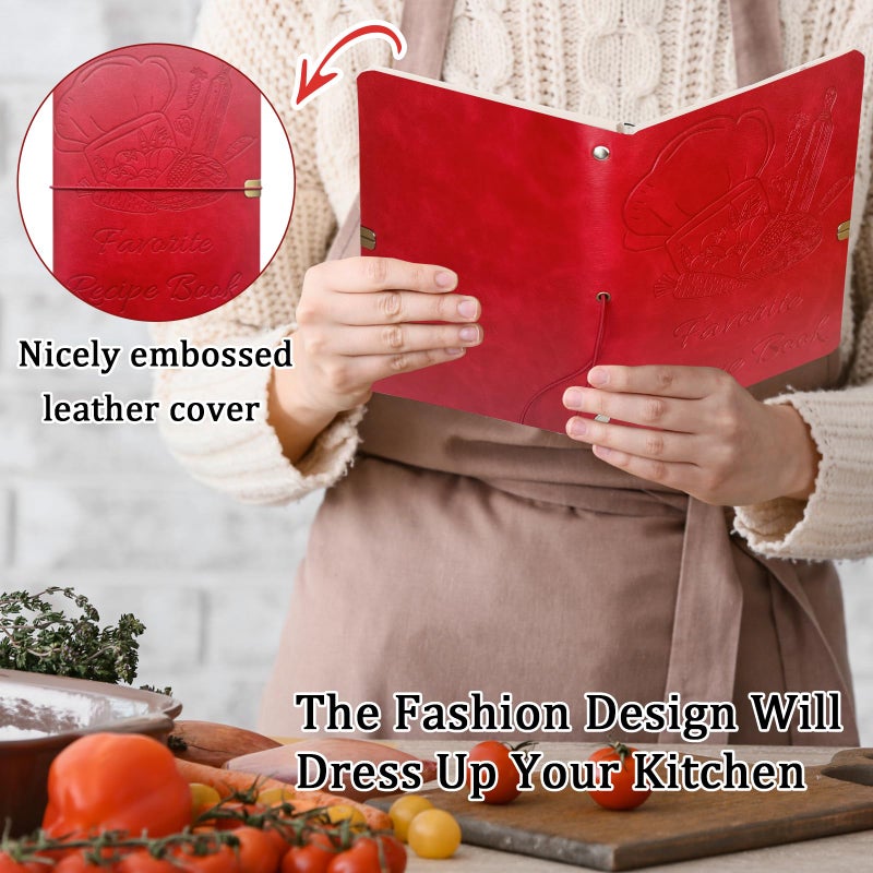 leeveel Blank Recipe Book to Write in Your Own Recipes, 5.6 X 8.2 Recipe Ring Binder with PU Leather Cover, Recipe Journal with 160 Recipes (red) - Image 4