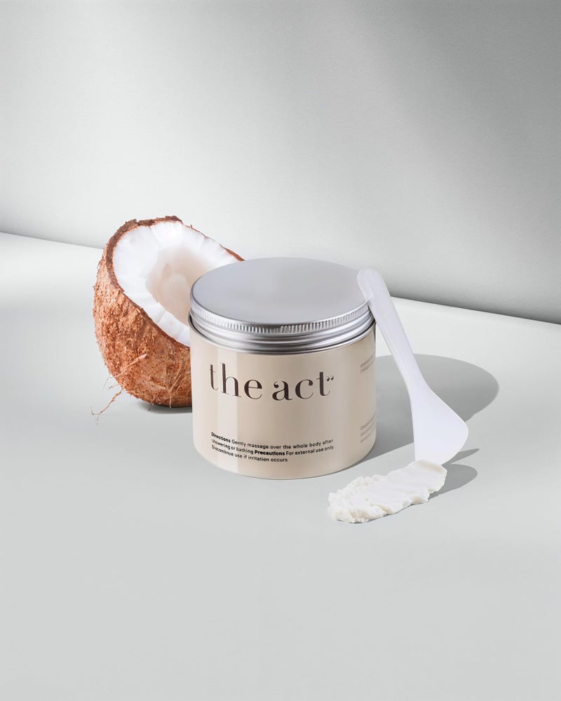 THE ACT Solid Coconut Body Butter â€“ Organic Vegan Moisturizer with Shea & Almond Oils â€“ Melts in Hands â€“ Massage Balm for Dry Skin â€“ Natural Skincare for Women & Men â€“ 6 oz with Spatula - Image 1