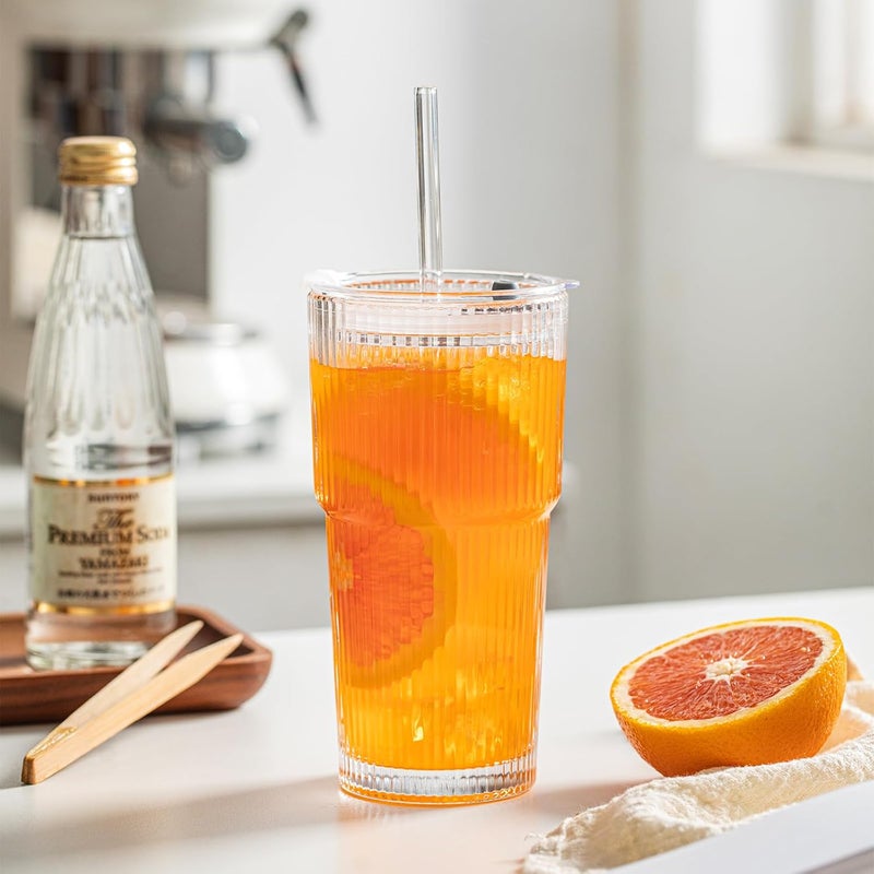 INSETLAN 20 oz Ribbed Glass Tumblers with Lids and Glass Straws  4Piece Glassware Set Thickened Glass Ideal for Iced Coffee Smoothies Cocktails and Juices  Elegant and Durable Drinkware - Image 3