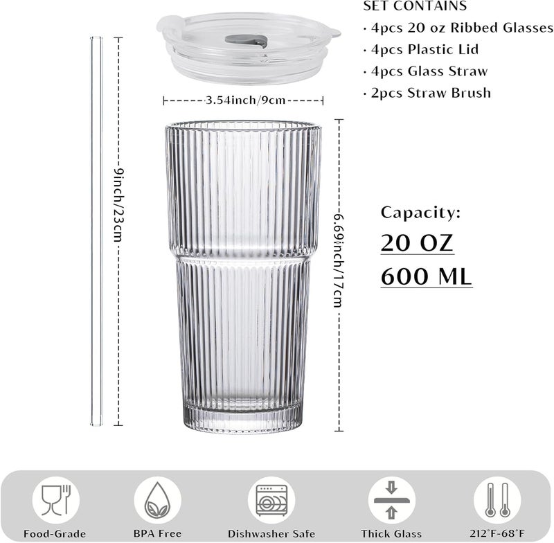 INSETLAN 20 oz Ribbed Glass Tumblers with Lids and Glass Straws  4Piece Glassware Set Thickened Glass Ideal for Iced Coffee Smoothies Cocktails and Juices  Elegant and Durable Drinkware - Image 2