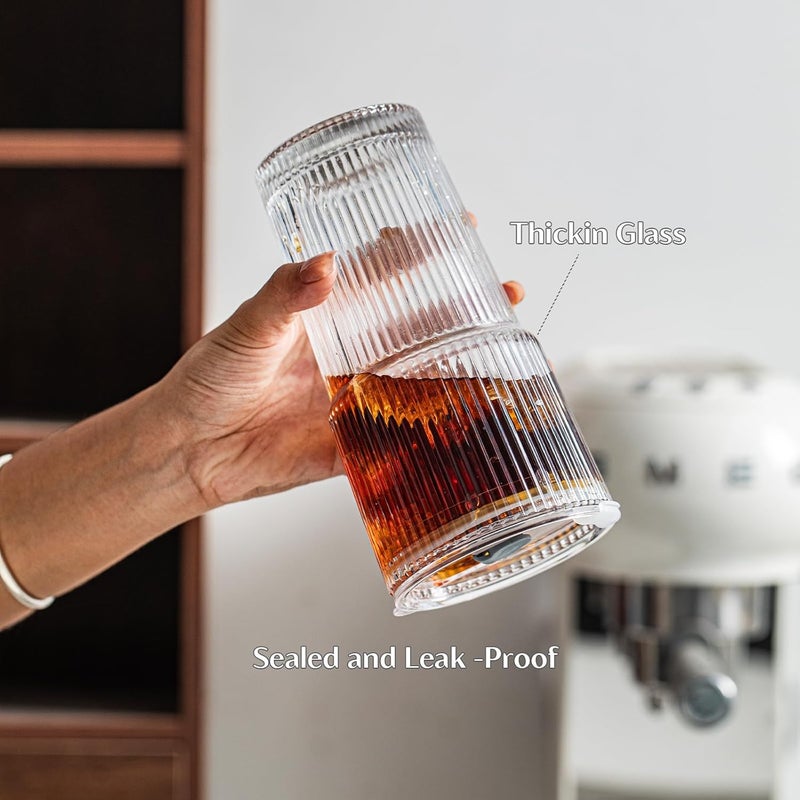 INSETLAN 20 oz Ribbed Glass Tumblers with Lids and Glass Straws  4Piece Glassware Set Thickened Glass Ideal for Iced Coffee Smoothies Cocktails and Juices  Elegant and Durable Drinkware - Image 5