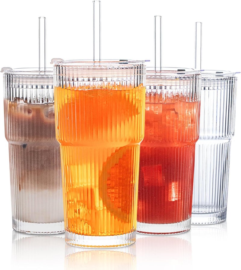 INSETLAN 20 oz Ribbed Glass Tumblers with Lids and Glass Straws  4Piece Glassware Set Thickened Glass Ideal for Iced Coffee Smoothies Cocktails and Juices  Elegant and Durable Drinkware - Image 1