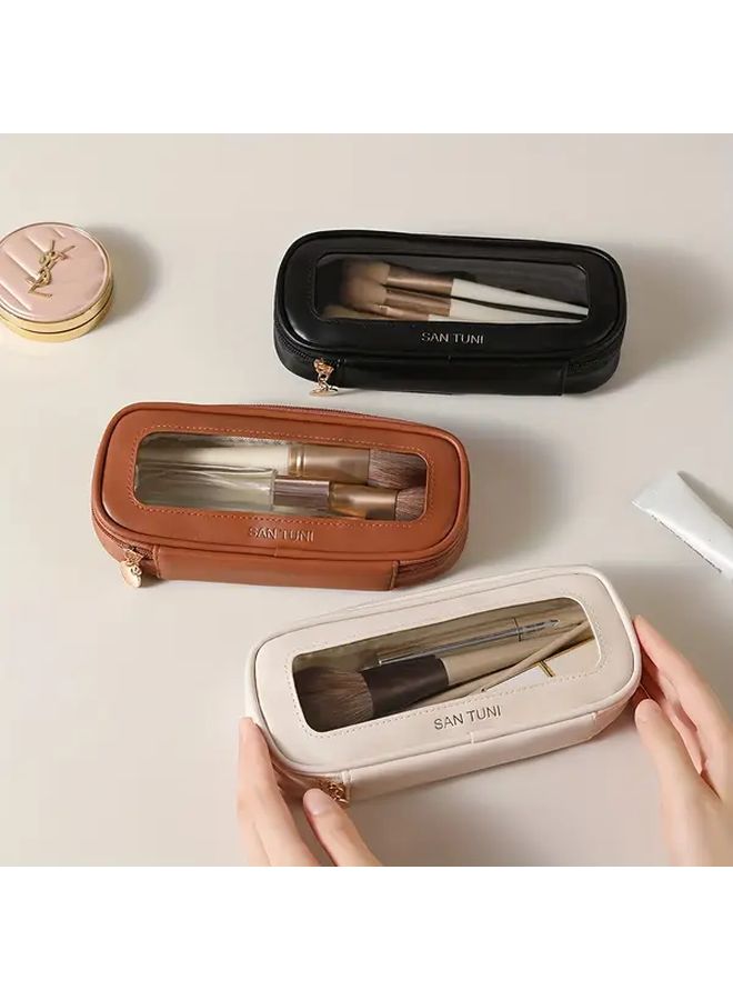 White Large Capacity Cosmetic Brush Organizer Travel Case With Multiple Compartments - Image 1