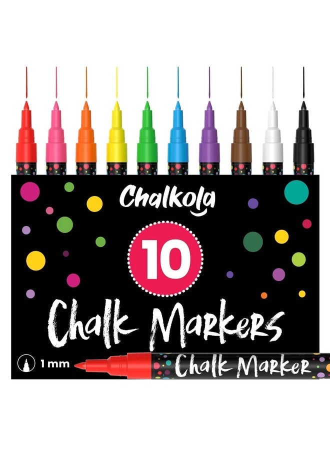 Chalkola Extra Fine Tip Chalk Markers (1Mm, 10 Pack) - Wet Erase Markers Fine Point For Blackboard, Windows, Bistro, Neon Chalkboard Markers Pens - Thin Liquid Chalk Markers Erasable - Image 1