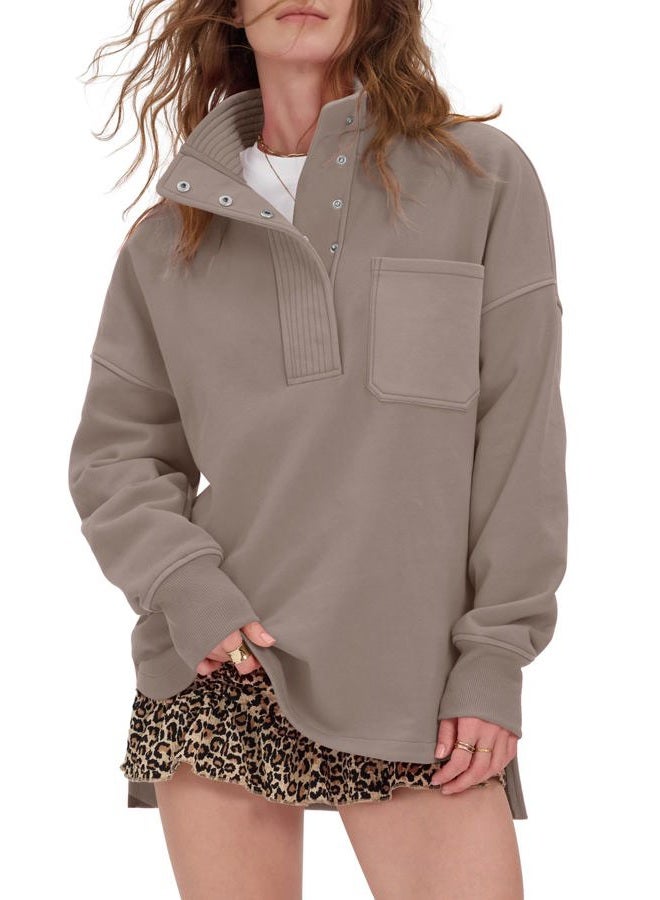 Locachy Womens Casual Oversized Sweatshirt Long Sleeve Button Henley Neck Pullover Tops Fashion Outfits Clothes, Coffee Grey, L - Image 1