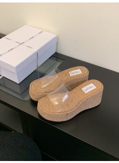 Generic 2024 Spring And Autumn New Womens Slippers One-Row Transparent Platform Waterproof Thick Bottom Slope Track Outer Wear Sandals wood grain color 