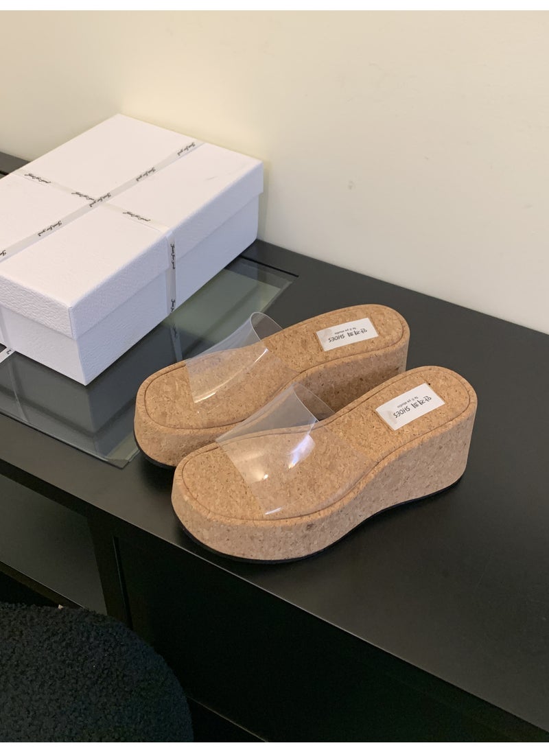 Generic - 2024 Spring And Autumn New Womens Slippers One-Row Transparent Platform Waterproof Thick Bottom Slope Track Outer Wear Sandals wood grain color - Image 1