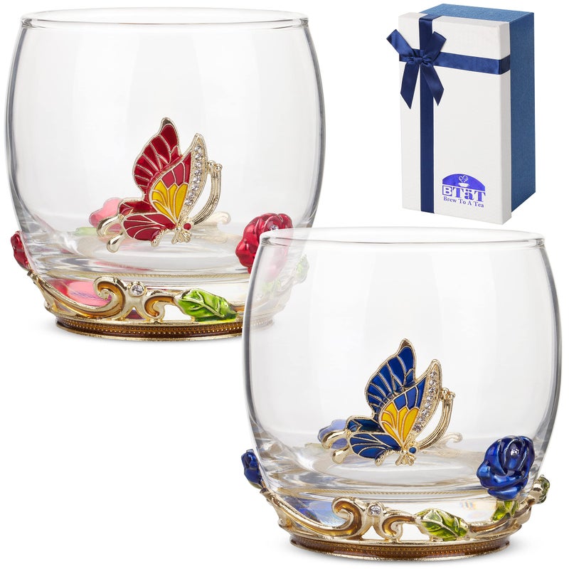 BTaT Stemless Wine Glasses Set of 2 10 oz RedBlue Butterfly  Flower Design with Gift Box Floral Wine Glasses Dishwasher Safe