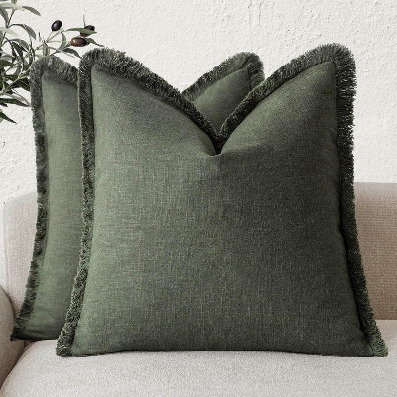 Foindtower Set of 2 Decorative Linen Fringe Throw Pillow Covers Cozy Farmhouse Cushion Cover with Tassels Accent Pillowcase for Couch Chair Sofa Bed Living Room Home Decor1616 InchDark Olive Green