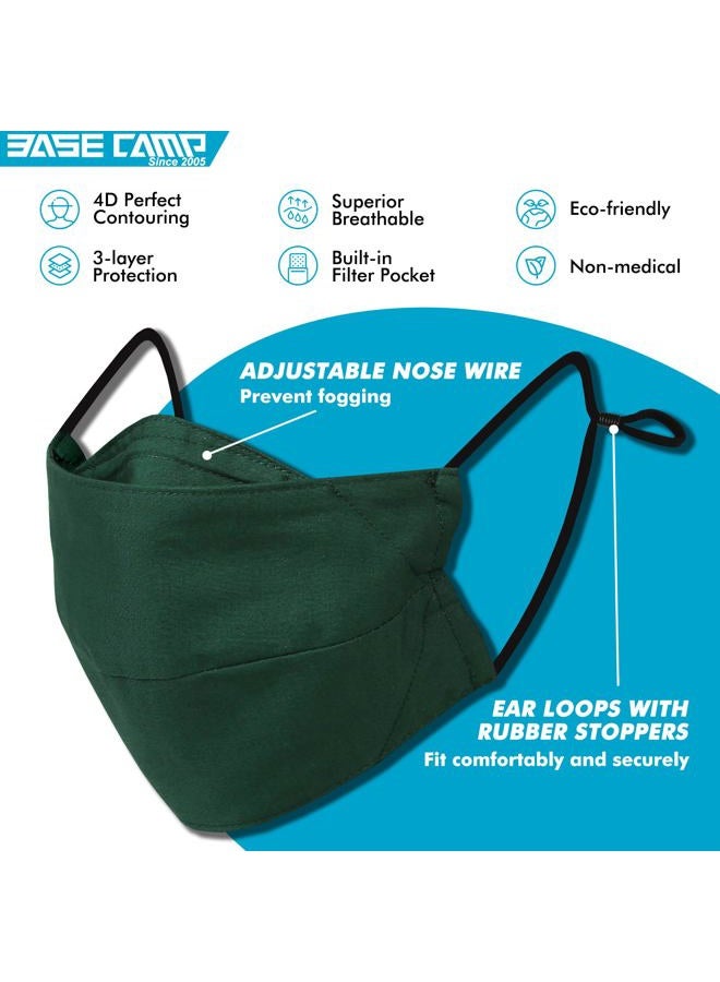 Base Camp Reusable Cloth Dust Face Masks 100% Cotton Washable Adjustable Breathable Fabric Mask with Filter Pocket (1Black+1Green-L) - Image 2