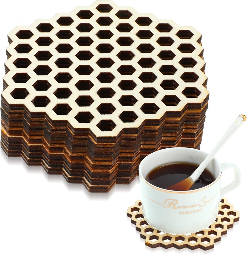 Cindeer 8 Pcs Honeycomb Wood Coaster Set Hollow Hex Honey Comb Wooden Coaster Hexagon Honeycomb Coasters Honeycomb Wooden Cup Cushion Mug Mats for Housewarming Gift Coffee DIY Bar Home Decor - Image 1
