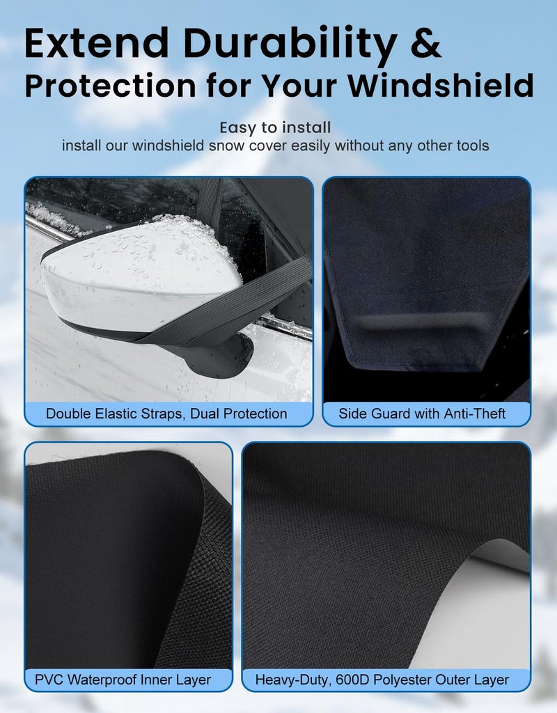 MarisFlow Windshield Cover for Ice & Snow, Heavy-Duty 600D Oxford Fabric, Universal Fit for Cars, SUVs, Trucks, Vans, RVs, Waterproof Frost Wind Resistant Winter Windshield Protector (69"Ã—42") - Image 5
