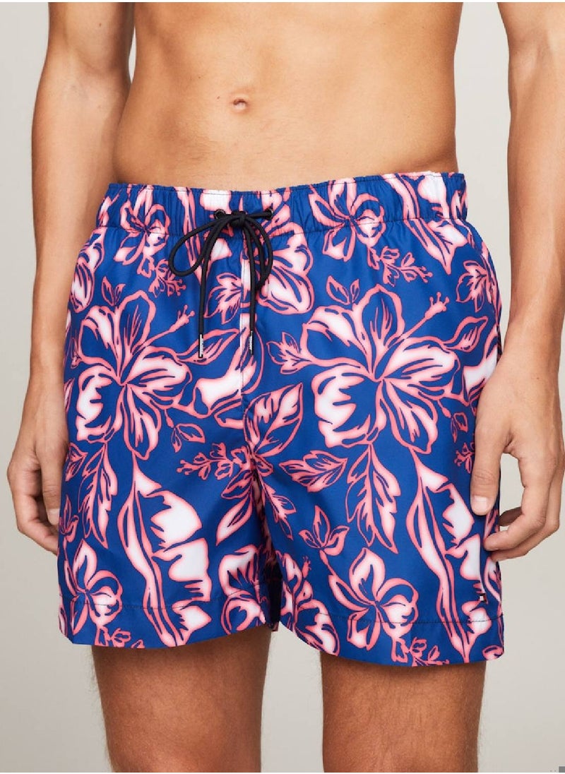 TOMMY HILFIGER Men's Print Drawstring Mid Length Swim Shorts - Polyester, Pink  - Image 1