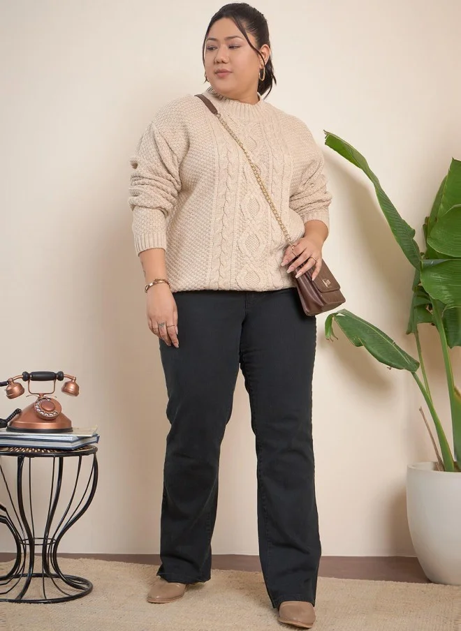 CURVY STREET Beige Cable Knit Pullover for Women