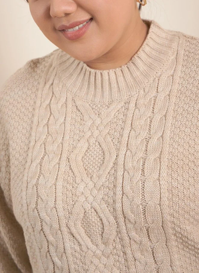 CURVY STREET Beige Cable Knit Pullover for Women