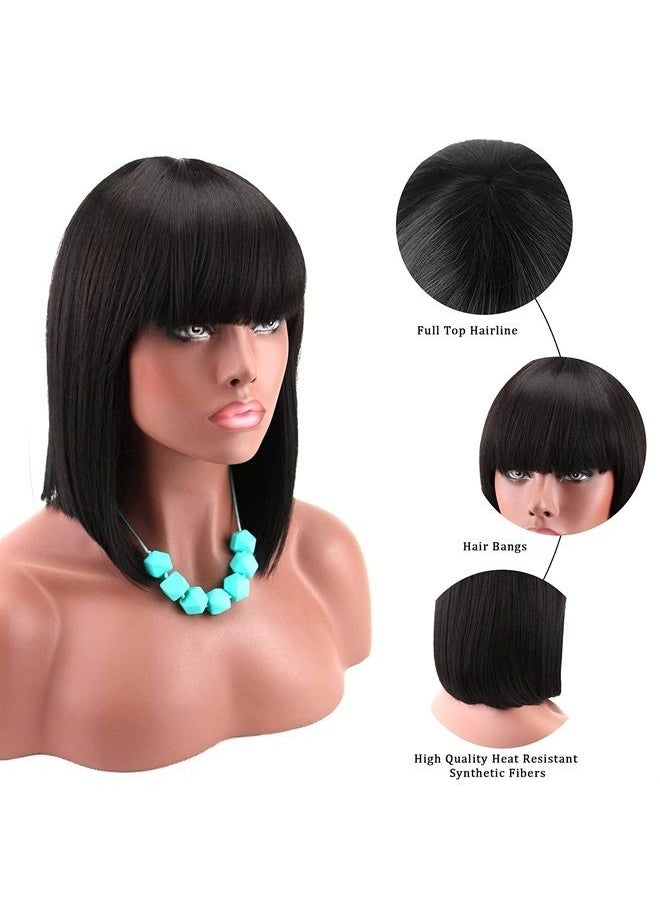 Kalyss Women's Short Black Bob Wigs with Hair Bangs Synthetic Full Hair Wig Heat Resistant Short Straight Black Wig for Women  - Image 3