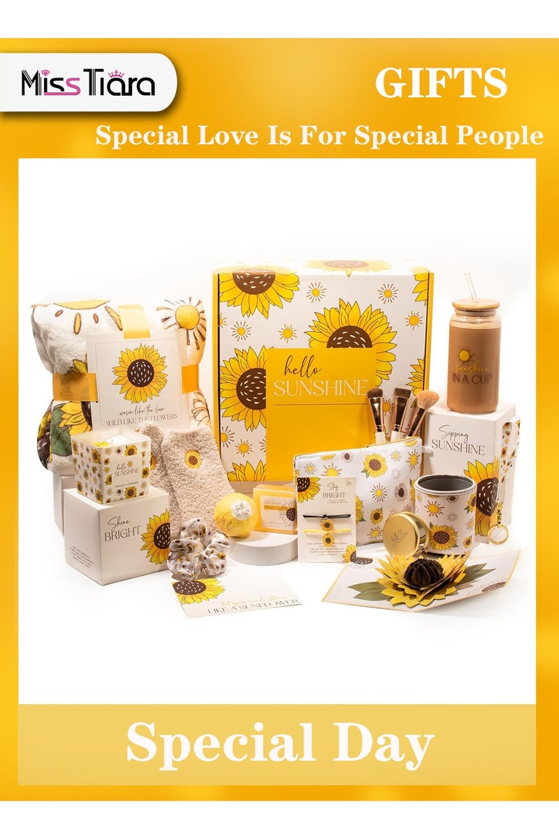MissTiara سلة هدايا للنساء - مجموعة هدايا عيد الميلاد تحتوي على 15 عنصر هدية ملهمة، حزمة رعاية سبا مريحة للنساء، هدايا صداقة، هدايا للنساء، هدايا الشمس والعافية لها - Image 1