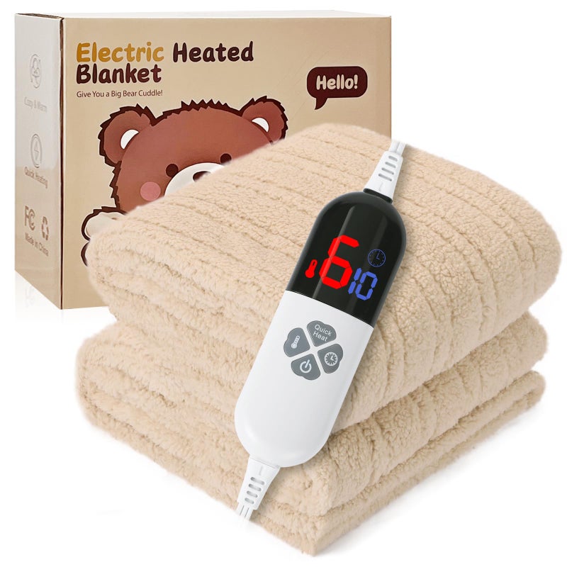 LUZARTA Heated Blanket Full Size 72"X84" Beige - Soft Double Sided Sherpa Electric Blanket Full Size with LED Display, 6 Heating Levels & 10 hrs Timer, Machine Washable & Fast Heating, Gift for Women - Image 4