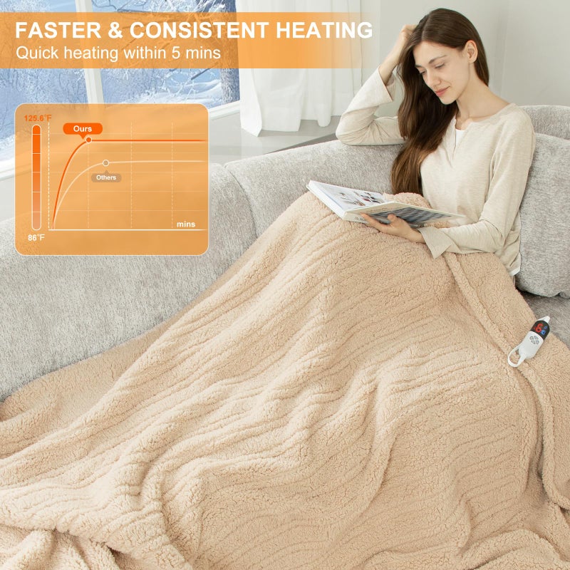 LUZARTA Heated Blanket Full Size 72"X84" Beige - Soft Double Sided Sherpa Electric Blanket Full Size with LED Display, 6 Heating Levels & 10 hrs Timer, Machine Washable & Fast Heating, Gift for Women - Image 5