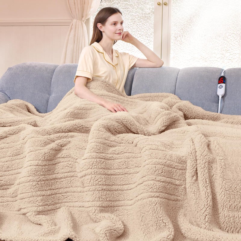 LUZARTA Heated Blanket Full Size 72"X84" Beige - Soft Double Sided Sherpa Electric Blanket Full Size with LED Display, 6 Heating Levels & 10 hrs Timer, Machine Washable & Fast Heating, Gift for Women - Image 1