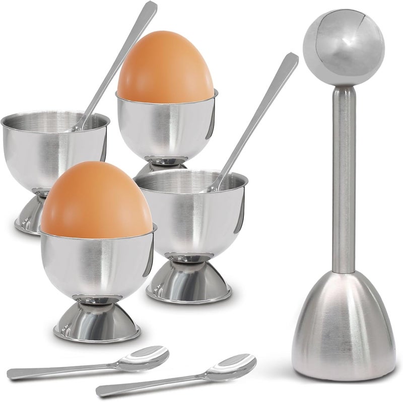 vibedor 9 Pack Egg Cracker Topper Set, 4 Stainless Steel Egg Cups with 4 Stainless Steel Spoons and 1 Egg Topper, Breakfast Kitchen Tool for Home Kitchen Use - Image 1