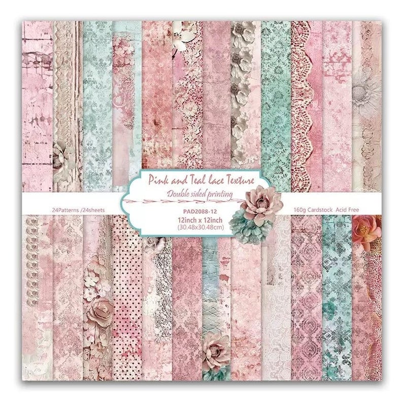 iKammo Pink Lace Scrapbook Paper Vintage Flower Pattern Papers Pad 12Ã—12,24 Sheets Double-Sided Bobo Floral Scrapbooking CardStock Paper Pad for Holiday Cardmaking DIY Origami Papers. - Image 1