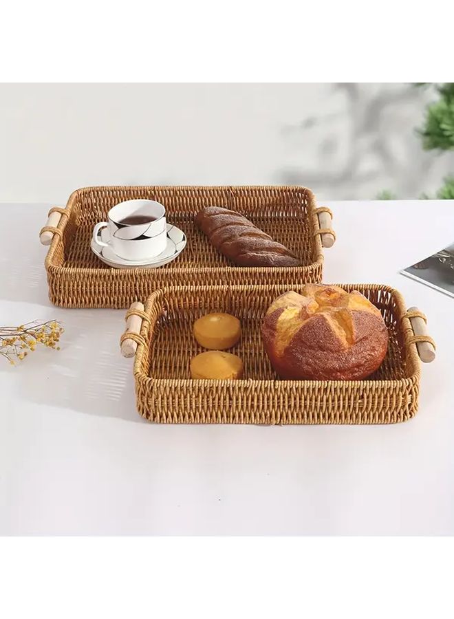 Brown Rectangular Plastic Rattan Storage Basket With Handle Stackable Home Decor - Image 4