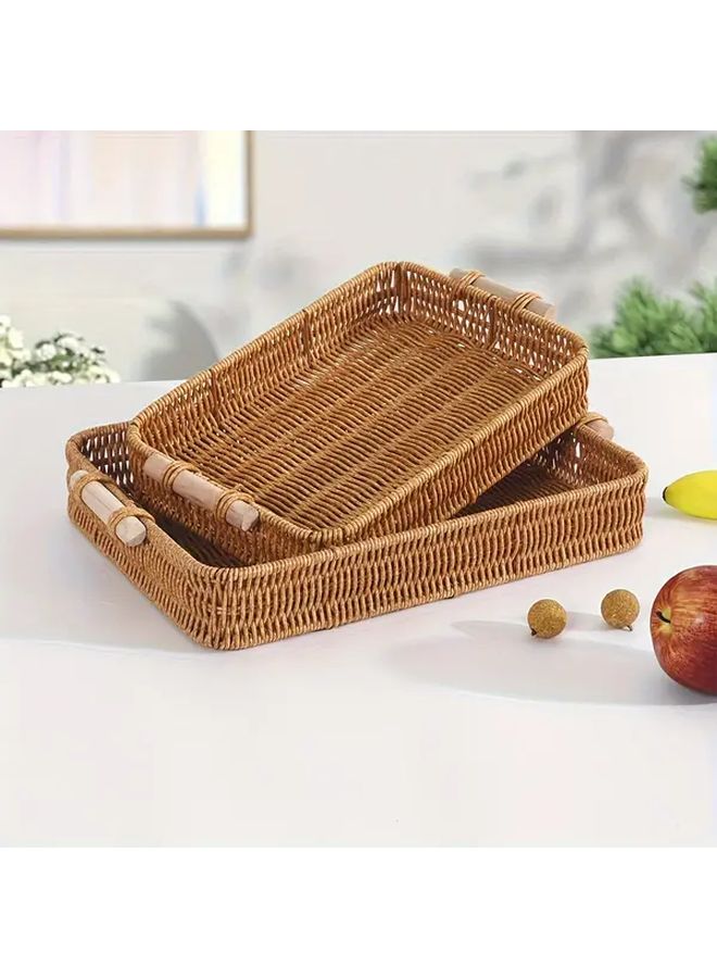 Brown Rectangular Plastic Rattan Storage Basket With Handle Stackable Home Decor - Image 2