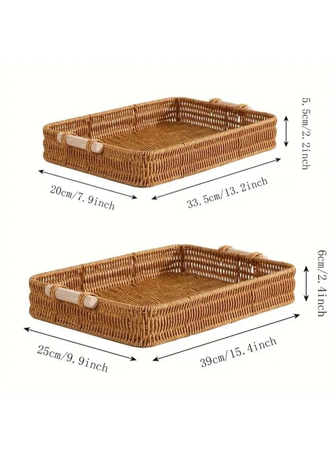 Brown Rectangular Plastic Rattan Storage Basket With Handle Stackable Home Decor - Image 3