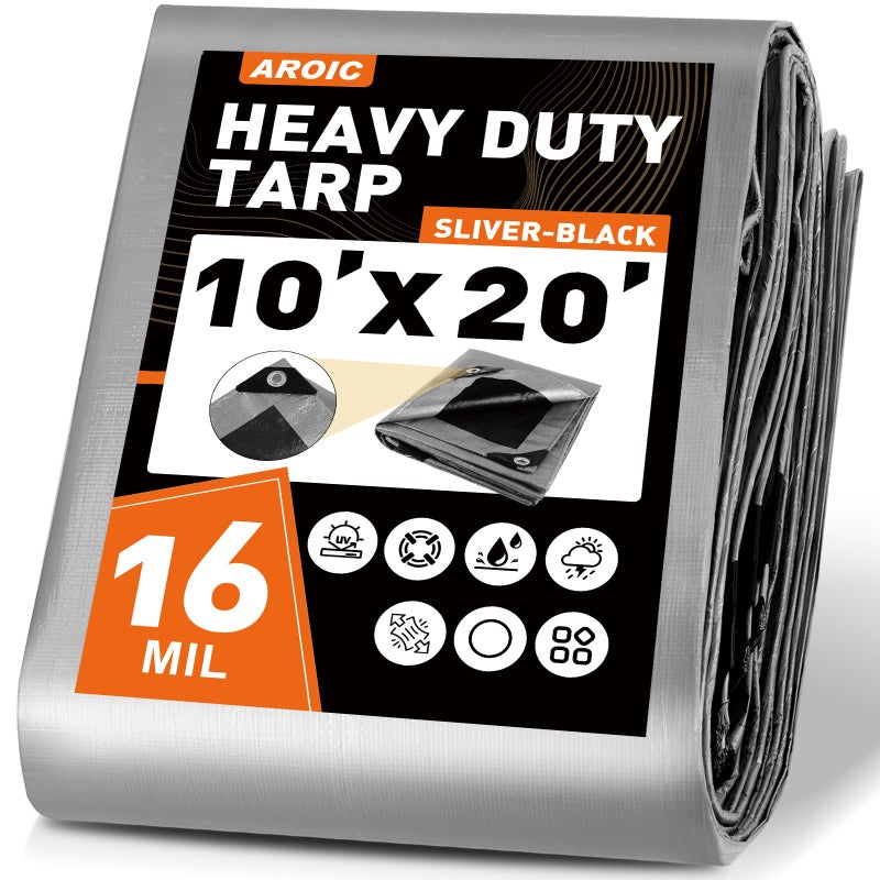 AROIC 10x20FT Heavy Duty Tarps, Waterproof 16 Mil Thick Camping Tarp with 15x17 Weave, Large Waterproof Tarp Tear Resistant UV Resistant Multipurpose Protective Cover for Tent Car Roof Boat - Image 1